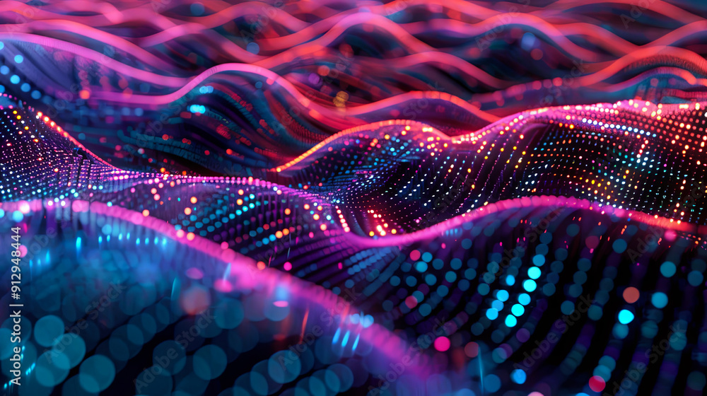 Poster abstract digital landscape with flowing particles big data visualization network connection structur