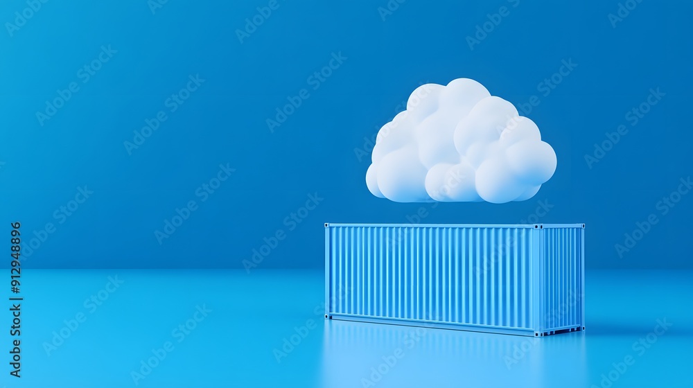 Poster a cloud above a shipping container on a blue background, symbolizing cloud computing and data storag