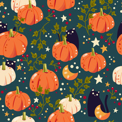 Autumn fall seamless pattern with pumpkins, cats, leaves, moon and stars on dark green background. Colorful vector illustration.