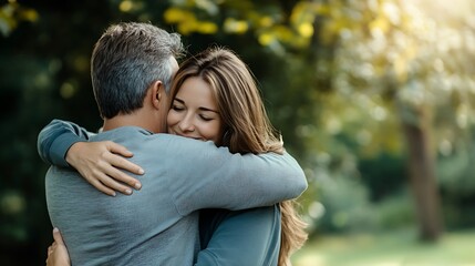 Fototapeta premium Two people sharing a warm hug in a sunlit park, care about someone, affection
