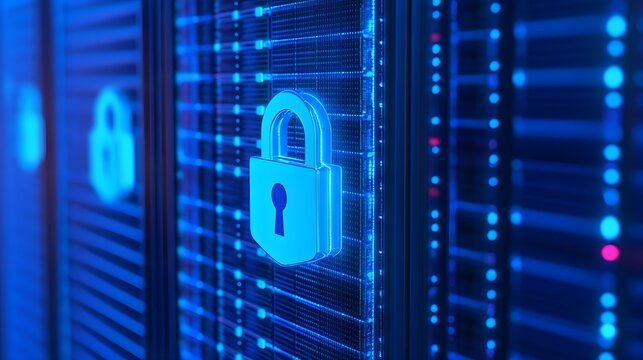 A close-up of a secured server rack in a data center, illustrating cyber security and data protection with digital padlocks.