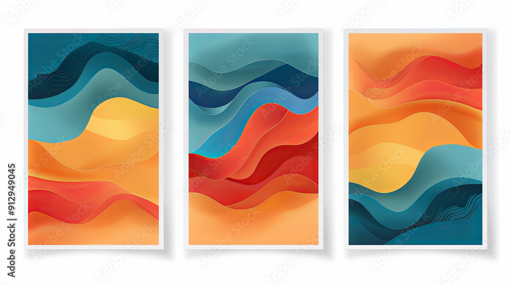Poster abstract background dynamic wavy paper cut style three different color combinations blue red orange 