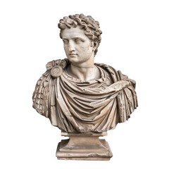 Obraz premium Marble bust of an emperor of ancient rome wearing a toga, isolated on white