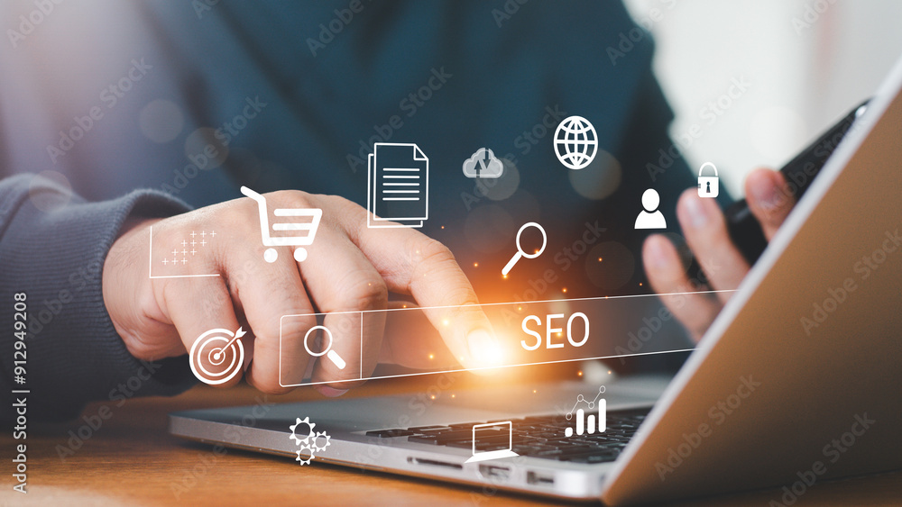 Poster businessman using a computer for analysis seo search engine optimization marketing ranking traffic w