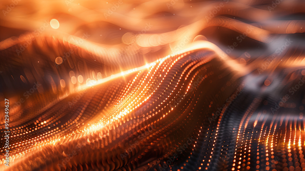 Poster abstract orange digital landscape with flowing particles technology futuristic background big data b