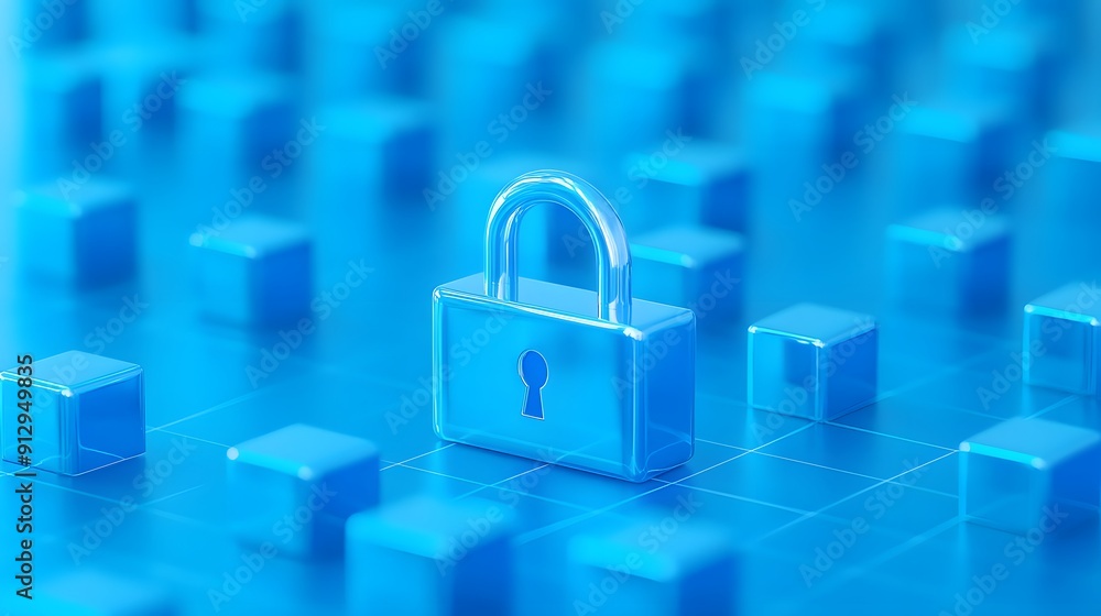 Poster a digital padlock on a blue grid of blocks symbolizing data security and encryption in a secure netw
