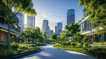 Modern buildings integrated with green gardens in a smart city setting