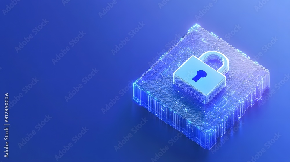 Poster a digital padlock symbolizing cyber security and data protection, set against a blue background in a