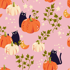 Autumn fall seamless pattern with pumpkins, cats, leaves, moon and stars on pink background. Colorful vector illustration.