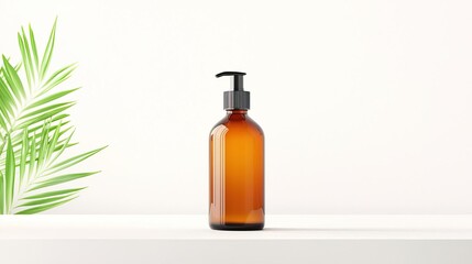 Amber glass bottle with pump dispenser and green leaf on white background.