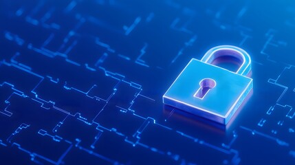 A digital padlock symbolizing cybersecurity and data protection on a blue technology background.