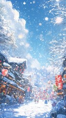 Naklejka premium Frosty Festival: An Animated Snow Scene with a Festive Snow Parade Celebrating the Winter Season in Anime Style.