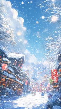 Frosty Festival: An Animated Snow Scene with a Festive Snow Parade Celebrating the Winter Season in Anime Style.