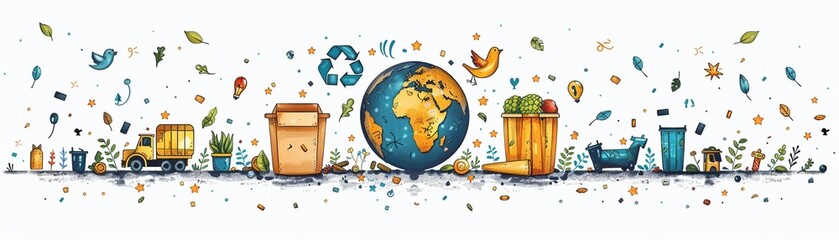 Naklejka premium Earth with ecofriendly transport and recycling symbols minimal icon flat white background space for Ad