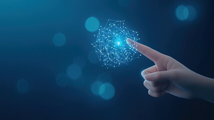 Hand pointing at glowing digital network sphere on blue background.