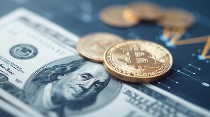 Bitcoin cryptocurrency coins and US dollar bill on a chart background.