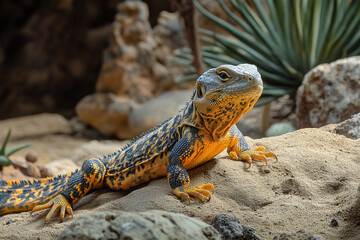 A uromastyx lizard basking in a desert enclosure.