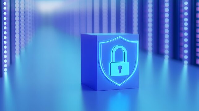 A glowing blue padlock icon in a data center, symbolizing cybersecurity, data protection, and secure server environments.