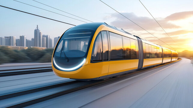 Modern yellow train traveling on tracks with city skyline in background.