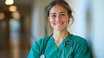 Young Smiling Medical Professional in Green Scrubs Standing in Hospital Corridor