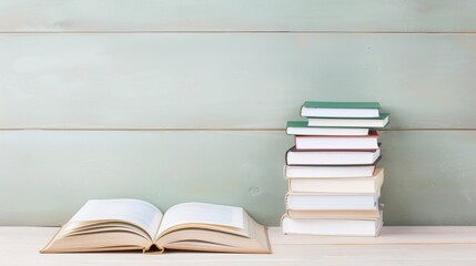Open book and stack of books on a wooden table.