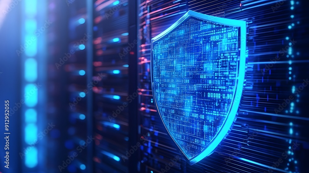 Poster a glowing shield icon on a background of servers, representing cybersecurity and data protection in 