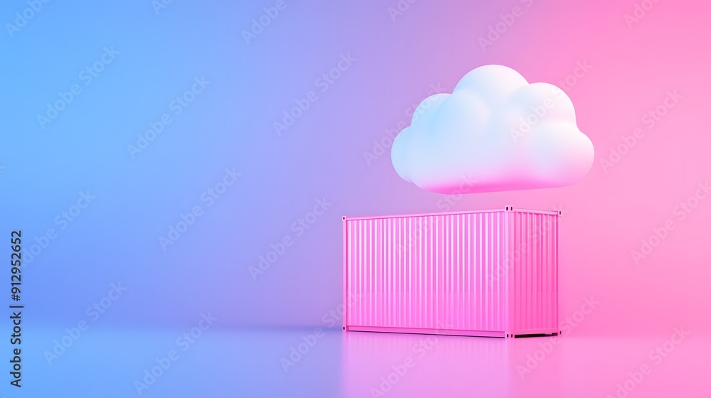 Poster a pink shipping container beneath a white cloud in a blue and pink gradient background, representing