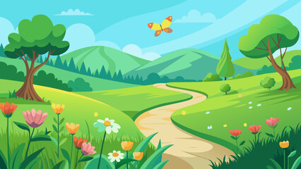 A lush green meadow with wildflowers, a winding path, and a butterfly fluttering. Vector landscape illustration
