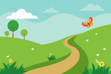 Fototapeta premium A lush green meadow with wildflowers, a winding path, and a butterfly fluttering. Vector landscape illustration