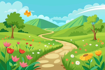 Fototapeta premium A lush green meadow with wildflowers, a winding path, and a butterfly fluttering. Vector landscape illustration