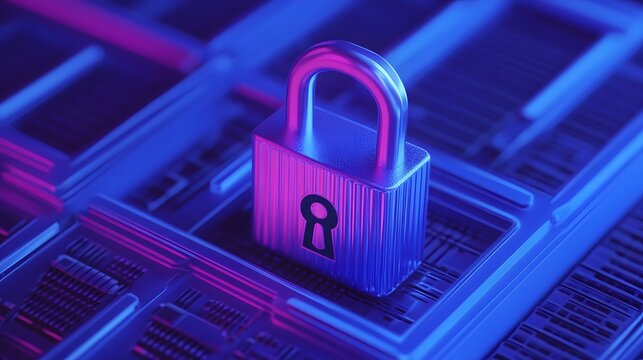 A secure padlock on a digital circuit board, symbolizing cybersecurity and data protection in a high-tech environment.