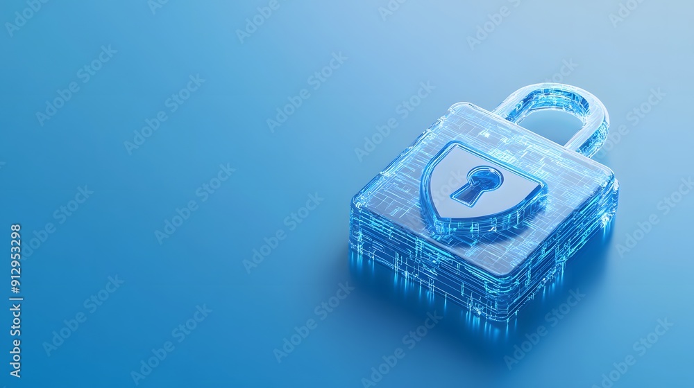 Poster a translucent lock symbolizing online data security, highlighted in blue, representing digital prote