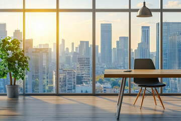 Fototapeta premium Modern office with a minimalist desk and potted plant, overlooking a city skyline through large windows at sunrise, offering an inspiring workspace.