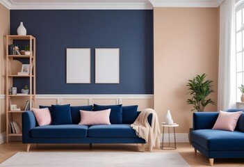A modern living room with a large sofa and blank framed  on wall, and a wooden coffee table on a light colored hardwood floor