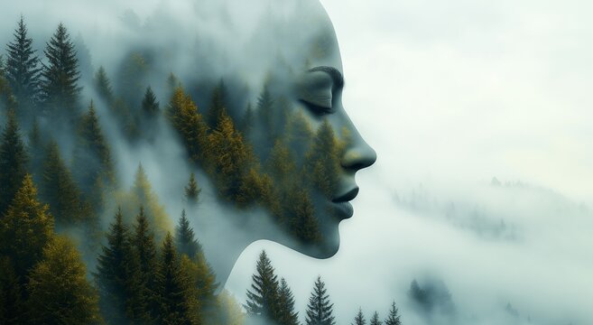 Double exposure of a woman's face and an autumn forest