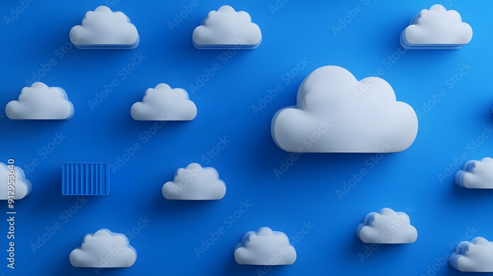 Poster abstract 3d illustration of white clouds on a blue background, representing digital cloud computing 