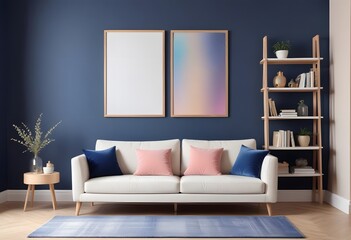 A modern living room with a large sofa and blank framed  on wall, and a wooden coffee table on a light colored hardwood floor