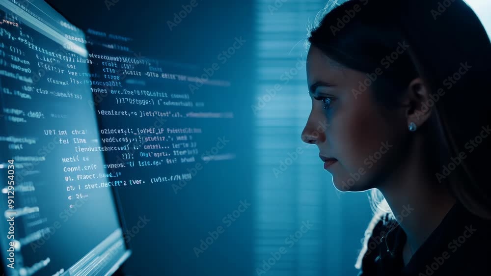 Aufkleber a female programmer works at a computer studying the code on the screen. concept: women's career in 