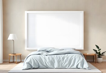 Interior of  A bedroom with a wooden bed frame, and a blank white framed wall art above the bed. The room has a warm, inviting atmosphere 