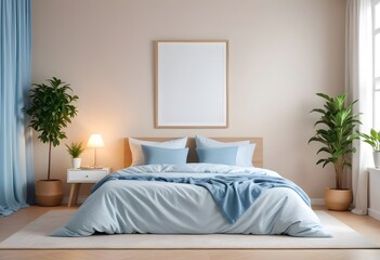 Fototapeta premium Interior of A bedroom with a wooden bed frame, and a blank white framed wall art above the bed. The room has a warm, inviting atmosphere 