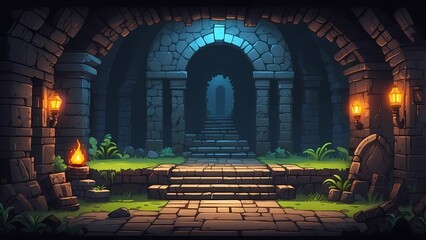 Game assets background RPG Gaming Battle Scene Underground Dungeon in Pixel 8bits 16bits 32 bits 