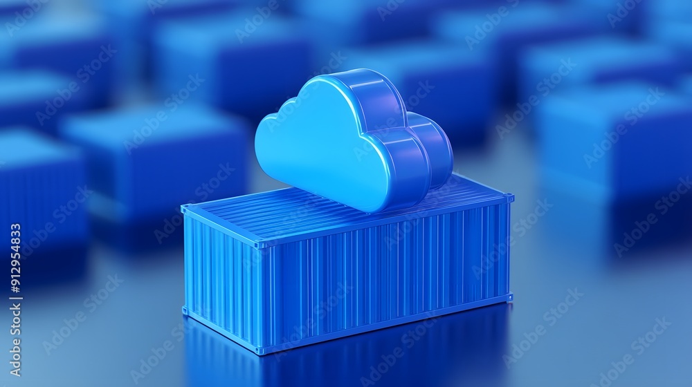 Poster blue cloud computing and container technology illustration representing modern data storage and virt