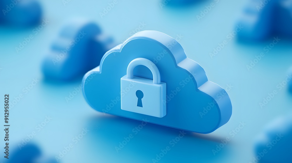 Poster blue cloud icon with a lock, representing cloud security and data protection in a digital environmen