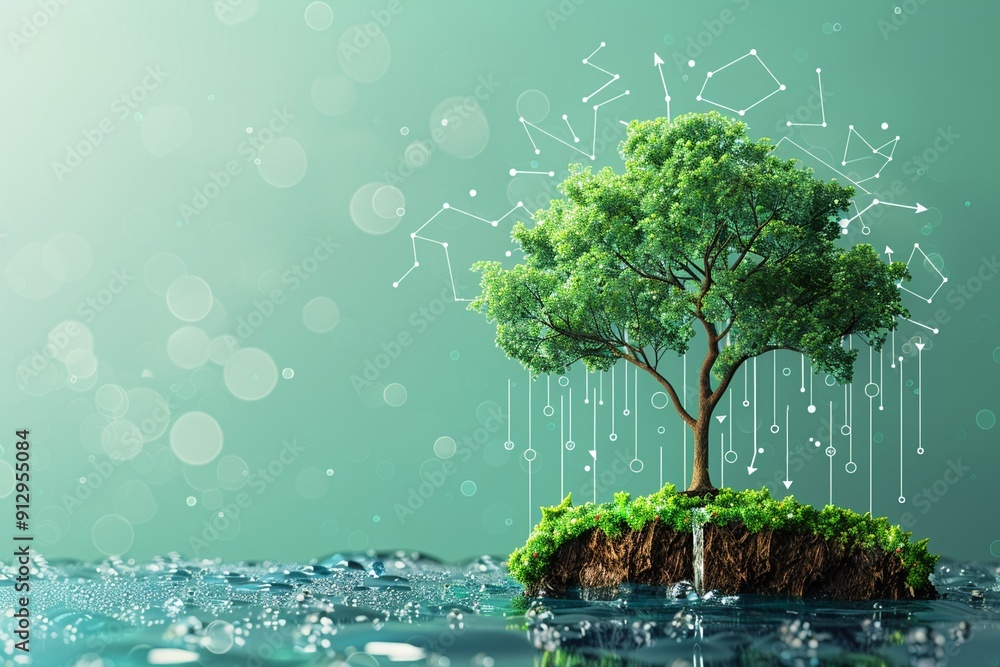 Poster tree with green technology and recycling symbols minimalistic flat white background style space for 