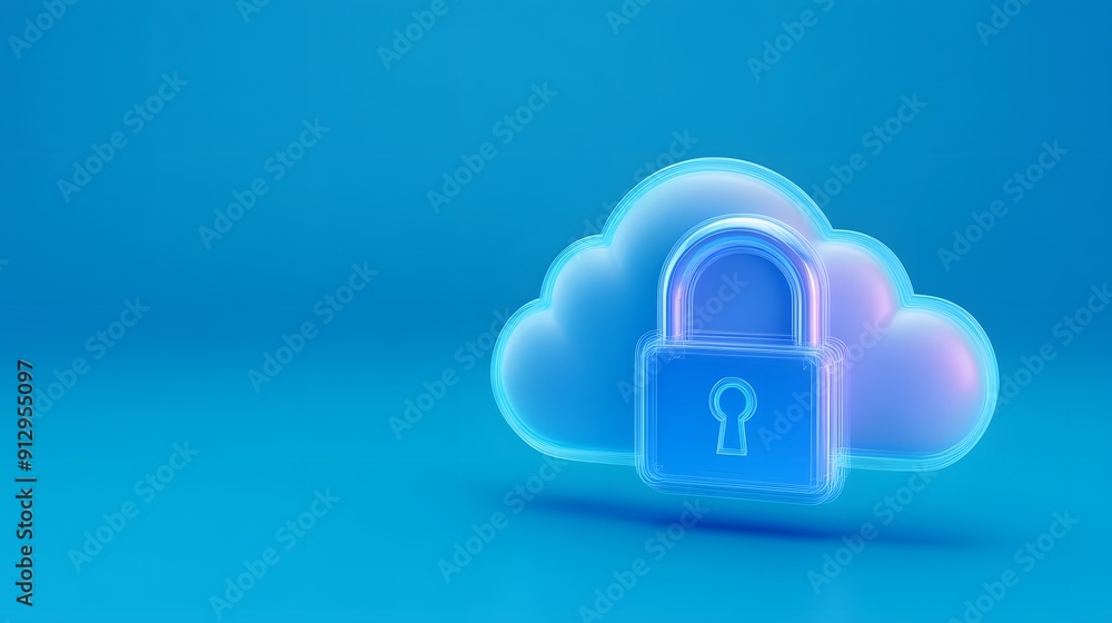 Poster blue cloud icon with a lock symbol representing data security and cloud storage on a blue background