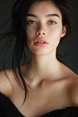 Naklejka premium A stunning close-up portrait of a woman with dark hair and piercing eyes, set against a simple dark background.