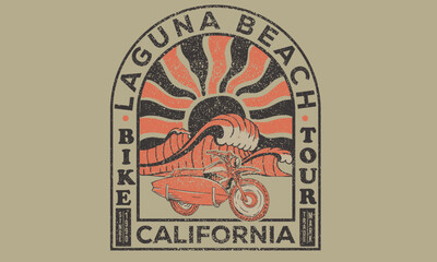 Laguna beach, California. Motorcycle beach ride. Big wave artwork. Summer vibes artwork. Surf club design. Sunshine Surf club artwork. 