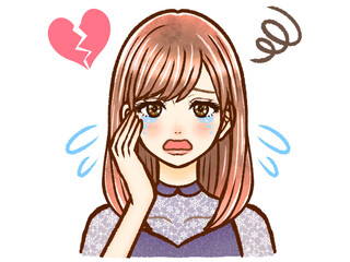 泣いているロングヘアーの茶髪大人女性の泣き顔イラスト素材