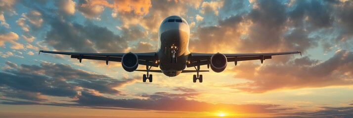 A large commercial airplane is captured in flight against a breathtaking sunset backdrop with colorful clouds in the sky.