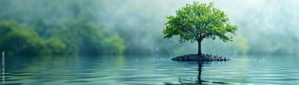 Poster tree with green technology and recycling symbols minimalistic flat white background style space for 